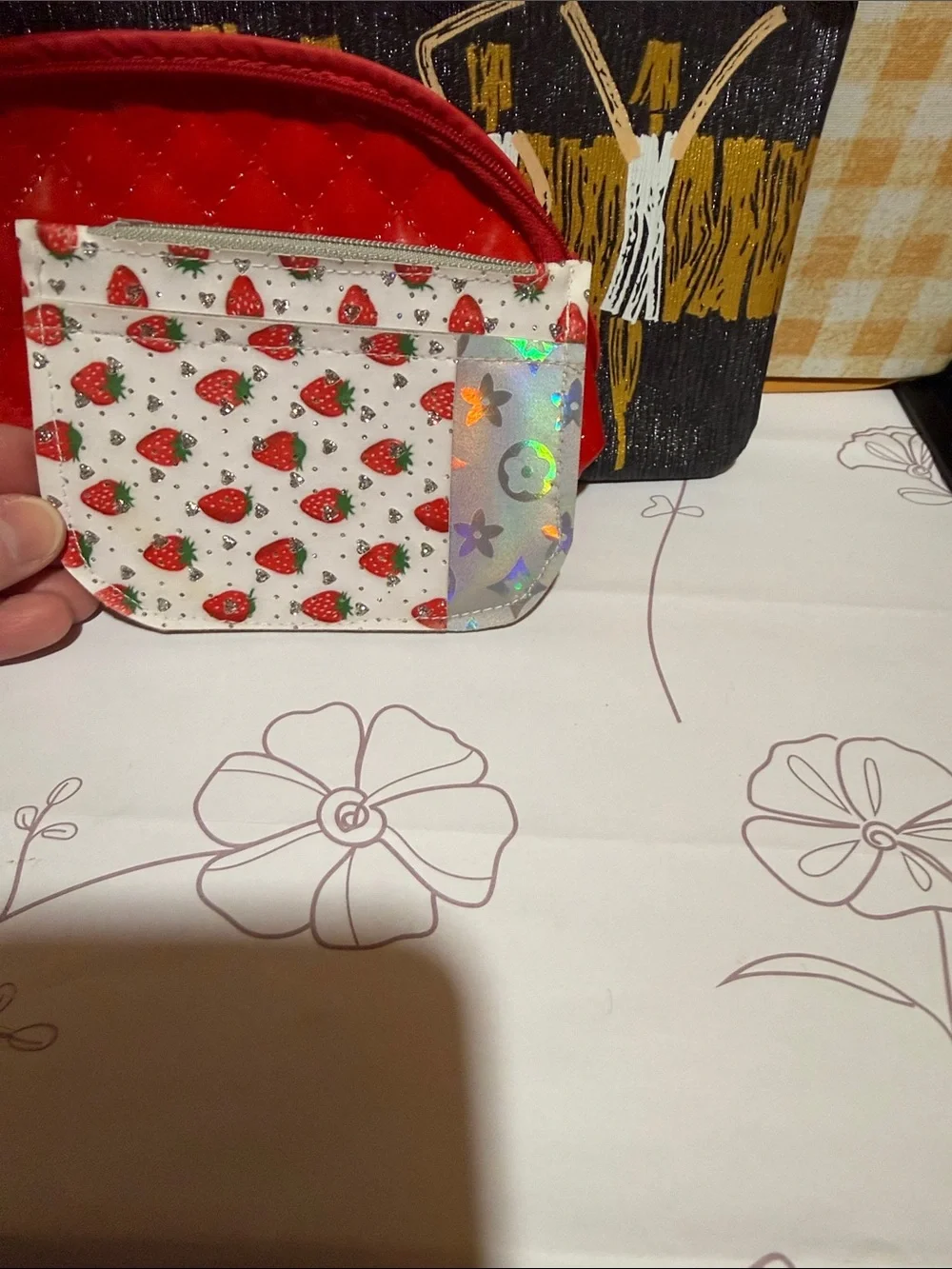 Bundle of 3 wild geo, Red Quilted Cosmetic Pouch and Strawberry ID Card Coin Bag